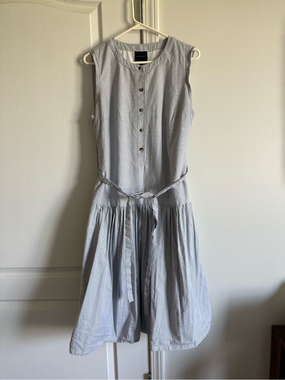 Alex Marie drop waist pinstripe Button-Front Midi Dress with Tie Waist